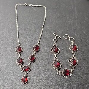 Vintage Sterling Silver Red Garnet Multiple Gemstones Necklace And Bracelet Set